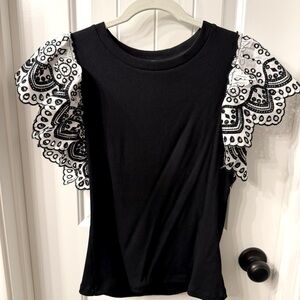 Elie Tahari, Sleeveless Black Knit Pullover with Eyelet Ruffles, Size Small